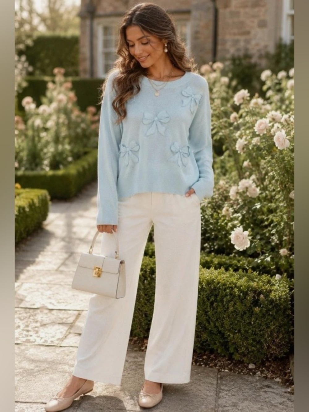 Bridgerton Lace Bow Appliqué Sweater